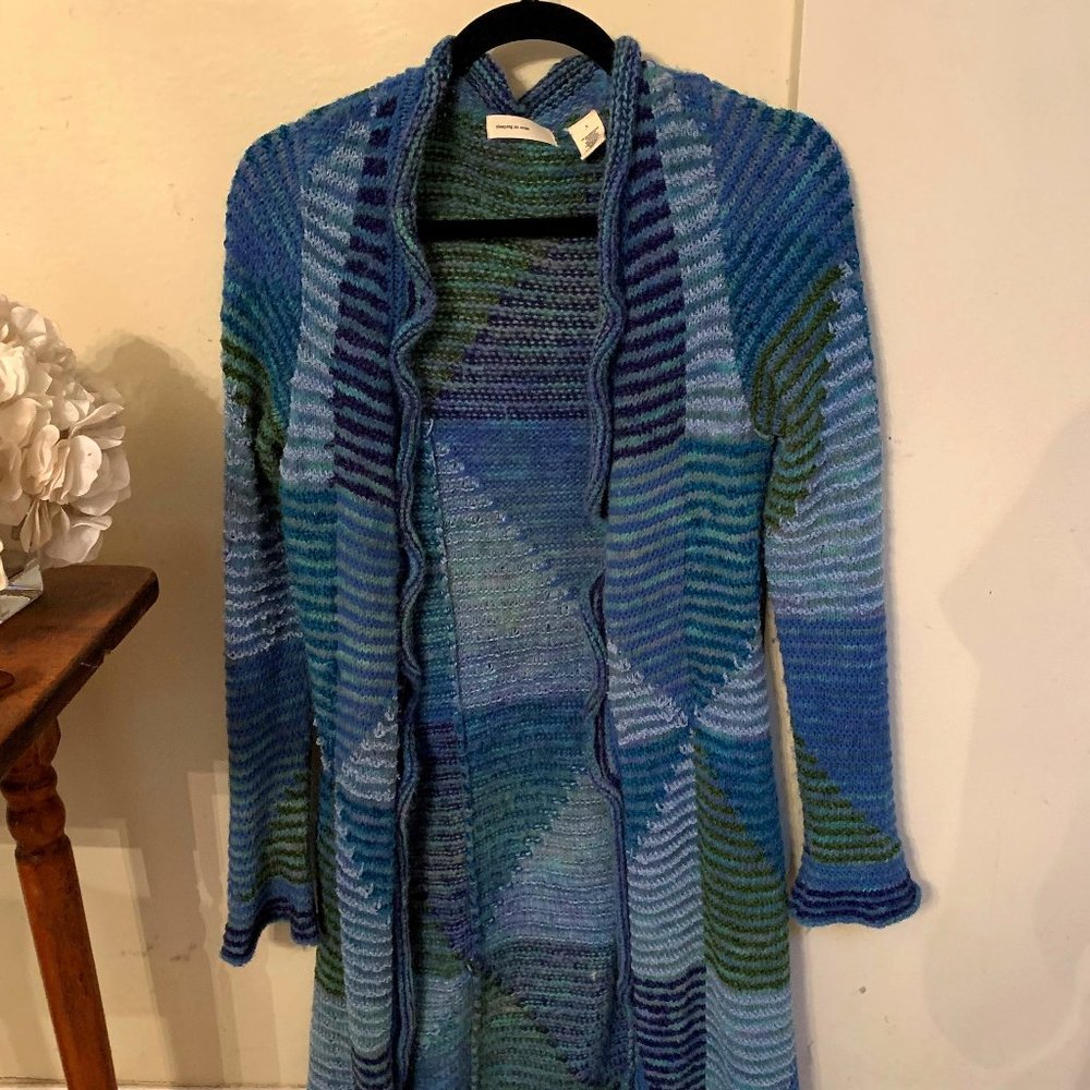 Anthropologie Sleeping in Snow Colour Block Long Aqua Cardigan
